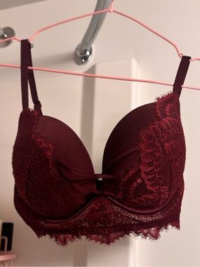 La Senza 34DD Wine Burgundy Lace Push-Up Plunge Bra Strappy Longline